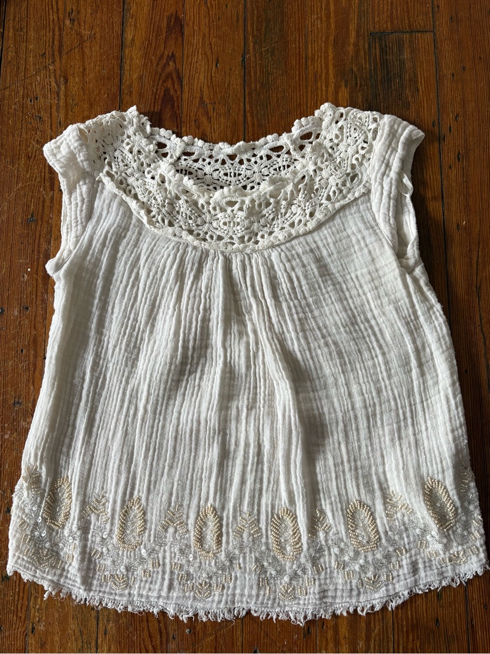 Floreat Cream Crochet Yoke Embroidered Sleeveless Blouse